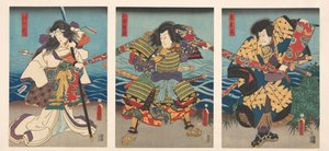 Drie kabuki acteurs trekkend aan een rode banier door Utagawa Kunisada (I)