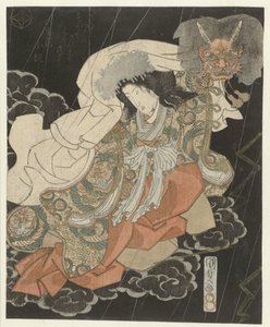 Vrouw met demonenmasker tussen de wolken door Utagawa Kunisada (I)