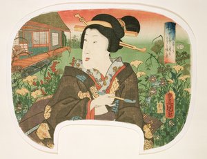 Herfst, Hanayashiki: Een geisha met een pijp, ontwerp voor een waaier uit een set van vier die de seizoenen illustreren