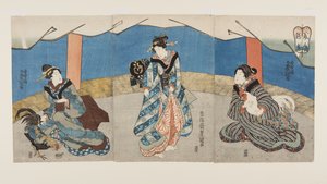 Schoonheden tijdens een hanengevecht (kleur houtsnede) door Utagawa Kunisada