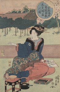 Courtisane met sakekop door Utagawa Kunisada