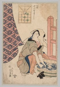 Zittende vrouw die kleren wast in een houten kuip door Utagawa Kunisada