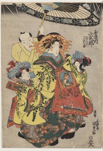 De courtisanes Hanamurasaki en Koshikibu van de Tamaya wandelen in de regen door Utagawa Kunisada