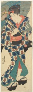 Junges Mädchen mit Regenschirm door Utagawa Kunisada