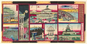 Acht Moderne Zichten op Beroemde Plaatsen in Tokio van Groot Japan (Dai Nippon Tokyo kaika meisho hakkei no zu) door Utagawa Kunisada II