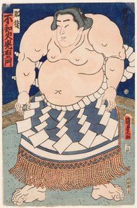 Portret van de sumoworstelaar Shiranui Mitsuemon met een ritueel schort door Utagawa Kunisada II