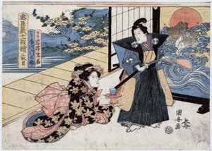 Japan, akte II van Chushingura, verhaal van de 47 Ronin (of 47 Samurai): Rikiya, met zwaard en waaier, staat naast Konami, geknield op de grond, biedt hem een kopje thee aan, gravure door Utagawa Kuniyasu
