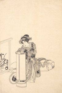 Jonge vrouw leunend over een hoge lamp door Utagawa Kuniyasu