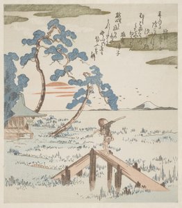 Een boer steekt een voetbrug over door Utagawa Kuniyoshi