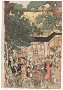 Een groep acteurs op weg naar het Oji (Inari jinja) heiligdom op nieuwjaarsdag, gesigneerd Kuniyoshi, kiwame zegel, Oban tate-e drieluik