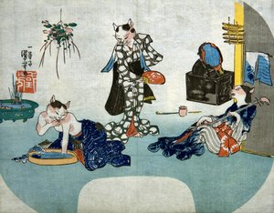 Antropomorfe katten ontspannen in de zomer door Utagawa Kuniyoshi