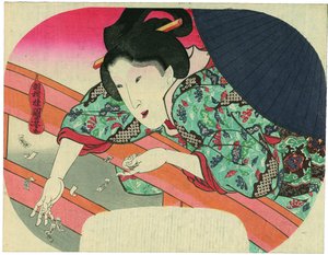 Een schoonheid werpt gebedsbriefjes voor de bodhisattva Jizō in de Sumida-rivier om de geesten van de verdronkenen te kalmeren door Utagawa Kuniyoshi