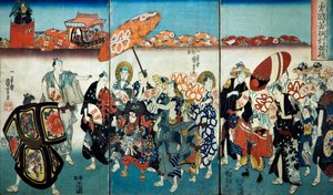 Dappere Kuniyoshi met zijn Paulownia Ontwerp (Isamashiki Kuniyoshi kiri no tsuimoyō) 1848 door Utagawa Kuniyoshi