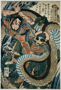 Chūsenko Teitokuson (Ding Desun) aangevallen door een slang op een bergpad door Utagawa Kuniyoshi