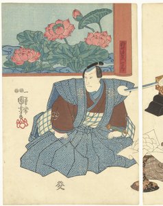 Drie acteurs bij een kamerscherm door Utagawa Kuniyoshi