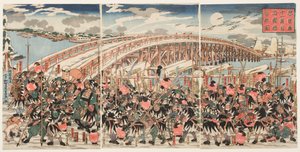 Elfde Acte van de "Chushingura": De Loyale Retainers Verzamelen zich bij Ryogoku Brug door Utagawa Kuniyoshi