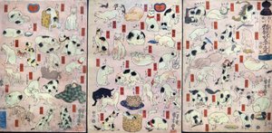 Drieënvijftig Katten als Woordspelingen voor de Namen van de Stations op de Tōkaidō Weg (Sono mama jiguchi myōkaidō gojūsan biki), c.1848 door Utagawa Kuniyoshi