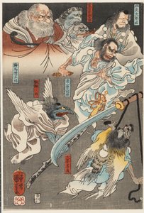Minamoto Yoshitsune vecht tegen Benkei op de Gojō Brug, met de hulp van tengu demonen door Utagawa Kuniyoshi