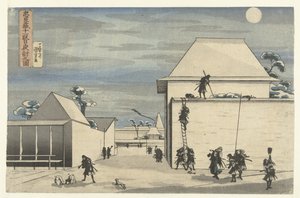 Nachtelijke aanval in de elfde akte van het Chushingura toneelstuk door Utagawa Kuniyoshi