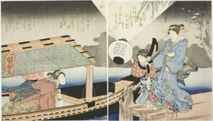 Nachtelijke scène aan boord van een plezierboot door Utagawa Kuniyoshi