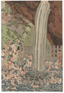 Pelgrims bij de Roben-waterval in Oyama, gesigneerd Ichiyusai Kuniyoshi