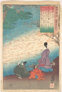 Dichter met twee pages aan de oevers van de Tatsuta door Utagawa Kuniyoshi