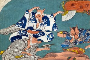 Wasbeerhond en vos aan het spelen (Tanuki to kitsune no asobi), c.1842 door Utagawa Kuniyoshi