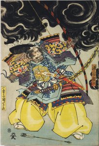 Blad uit een kleuren houtsnede drieluik, met Minamoto no Yorimasa, geholpen door Ii Hayata en Watanabe Choshichi, die de nue neerschiet van het dak van het paleis van Keizer Konoe: Japan, Edo, door Utagawa Kuniyoshi, c. 1820 - 1825