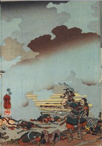Blad uit een kleuren houtsnede drieluik, getiteld Eiroku yonnen kugatsu yokka Kawanakajima kassen ni Yamamoto Kansuke nyūdō no uchijini no zu (Dood van Yamamoto Kansuke bij de Slag bij Kawanakajima op de 4e dag van de 9e maand van Eiroku 4 [1561])
