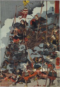 Blad uit een kleur houtblok drieluik print, getiteld Eiroku yonnen kugatsu yokka Kawanakajima kassen ni Yamamoto Kansuke nyūdō no uchijini no zu