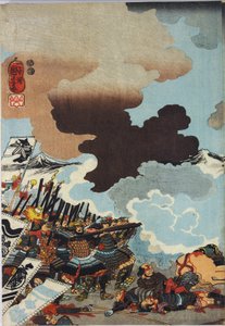 Blad uit een kleur houtblok drieluik print, getiteld Eiroku yonnen kugatsu yokka Kawanakajima kassen ni Yamamoto Kansuke nyūdō no uchijini no zu door Utagawa Kuniyoshi