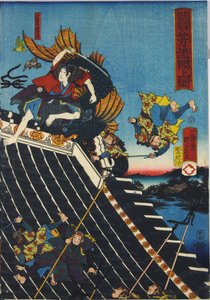 Blad uit een kleurenhoutsnede drieluik, getiteld Horyukaku sho no zu, een scène uit de Hakkenden van Takiwzawa Bakin met een gevecht op het tempeldak tussen Inuzuka Shino