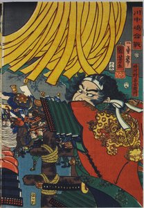 Blad uit een kleuren houtsnede drieluik, getiteld Kawanakajima kassen door Utagawa Kuniyoshi