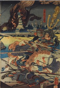 Blad uit een kleuren houtsnede drieluik, getiteld Shinshū Odai kassen no zu (De Slag bij Odai in de Shinano Provincie), met Odai Akarokurō Yorisada die drie mannen spietst terwijl zijn kasteel op de achtergrond brandt: Japan, Edo, door Utagawa Kuniyoshi door Utagawa Kuniyoshi