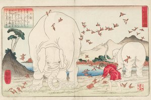 Taishun ploegt een veld met de hulp van olifanten en een zwerm mussen, gesigneerd Ichiyusai Kuniyoshi ga, c.1843
