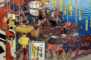 Takeda Shingen verplettert de troepen van Suwa Yorishige (Takeda Shingen Suwa Yorishige no jinchū o uchi-kuzusu zu), ca.1850-51 door Utagawa Kuniyoshi