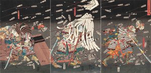 De laatste stand van de Kusunoki bij Shijonawate Nanke yushi shijonawate nite uchijini, ca. 1851 door Utagawa Kuniyoshi