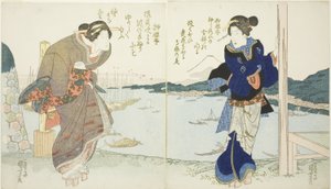 Twee vrouwen bij een theehuis in Takanawa