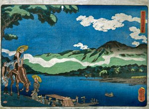Uitzicht op de Tamura-veerboot op de Ōyama-weg in de provincie Sagami door Utagawa Kuniyoshi