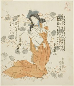 Vrouw met waaier in haar mond door Utagawa Kuniyoshi