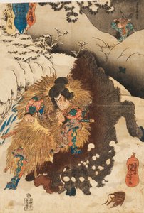 Houtsnede - Chinzei Hachiro Tametomo die een wild zwijn omverwerpt in de besneeuwde bergen van Mashik door Utagawa Kuniyoshi
