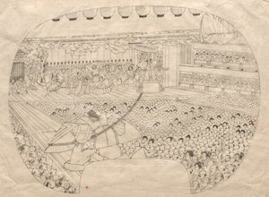 Ontwerp voor waaiervormige prent van Kabuki-theater door Utagawa Sadahide