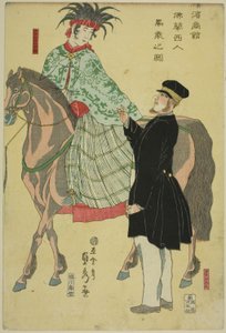 Kooplieden van Yokohama: Franse Vrouw te Paard (Yokohama shokan, Furansujin umanori no zu) door Utagawa Sadahide