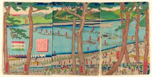 Processie van Minamoto no Yoritomo over de Oi-rivier (Minamoto Yoritomo ko Oikawa gyoretsu zu) door Utagawa Sadahide