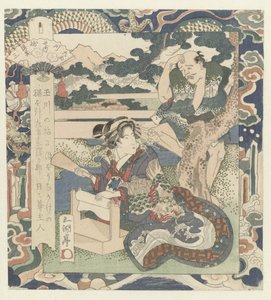 Vrouw bezig met stof te vervilten door Utagawa Sadakage