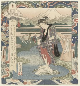 Vrouw wast kleding in de rivier door Utagawa Sadakage