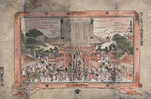 Mensen gaan een grote tempel binnen. Buiten staan handelskraampjes. Prent van een schilderij in een lijst met voeten, c1770. Utagawa Toyoharu (1735-1814) Japanse Ukiyo-e kunstenaar. Menigte Religie Aanbidding door Utagawa Toyoharu
