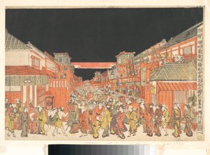 Perspectiefprent (Uki-e) van de theaters in Sakaichō en Fukiyachō op de openingsavond door Utagawa Toyoharu