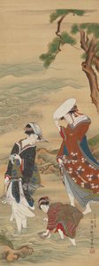 Twee Vrouwen en een Meisje aan de Zeekust door Utagawa Toyoharu