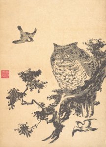 Uil en twee zwaluwen door Utagawa Toyohiro